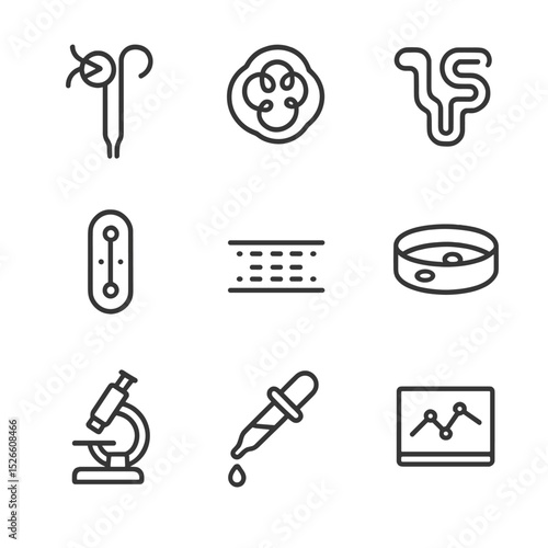 Kidney Tissue Icon Set. Outline icon set of kidney tissue models: nephron icon, glomerulus, tubule network, perfusion channel,