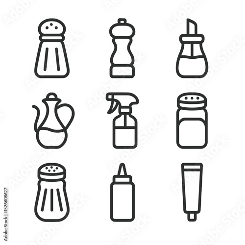 Kitchen Seasoning Icons. Outline icon set of kitchen seasoning shakers: salt shaker, pepper mill, sugar dispenser, oil cruet,