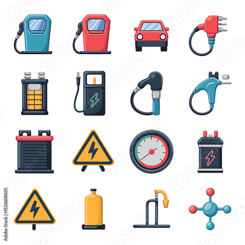 vector icons to vehicle fueling and charging a gasoline pump, an electric vehicle plug hydrogen mole