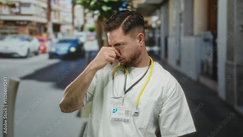 Young doctor with a beard stands on a busy city street, wearing a stethoscope and white coat, visibly holding his nose due to a bad smell. Young doctor with a beard stands on a busy city street, wearing a stethoscope and white coat, visibly holding his nose due to a bad smell.
