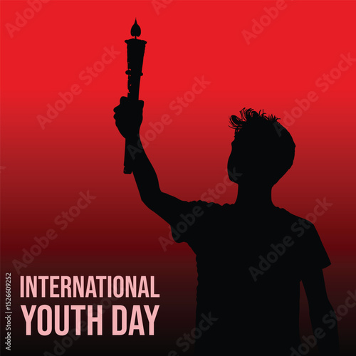 International Youth Day flat youth silhouette holding torch vibrant red background
