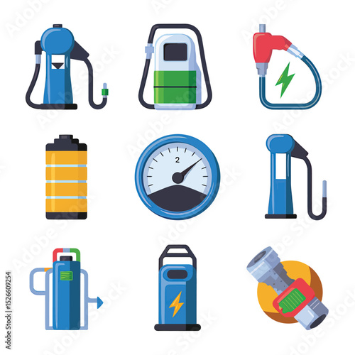 vector icons to vehicle fueling and charging a gasoline pump, an electric vehicle plug hydrogen mole