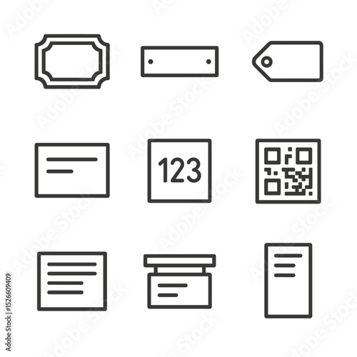 Label Icons Set. Outline icon set of labeling and signage: title plaque, artist name label, year tag, medium description,