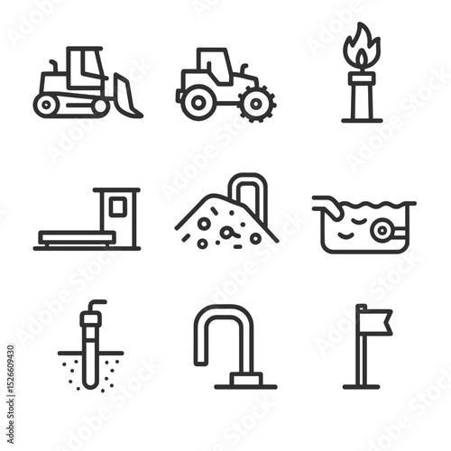 Landfill Operations Icons. Outline icon set of landfill site operations: bulldozer, compactor, landfill gas flare, weighbridge,