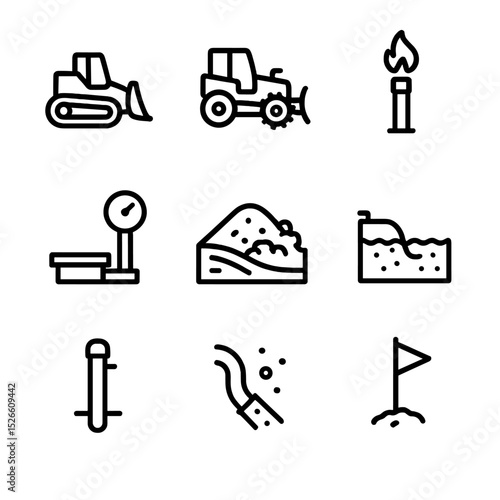 Landfill Operations Icons. Outline icon set of landfill site operations: bulldozer, compactor, landfill gas flare, weighbridge,