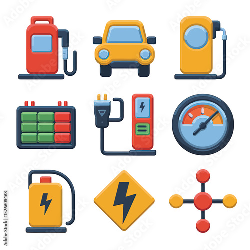 vector icons to vehicle fueling and charging a gasoline pump, an electric vehicle plug hydrogen mole