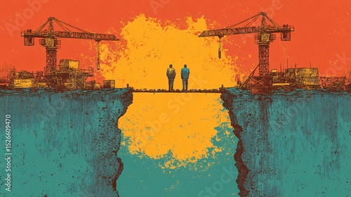 Two figures stand on a precarious bridge spanning a chasm, symbolizing a critical connection between development sites under construction and orange sky above.