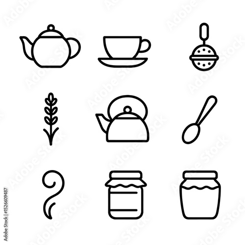 Lavender Tea Icon Set. Outline icon set of lavender tea ceremony: teapot, teacup, saucer, tea infuser, lavender sprig, tea kettle,