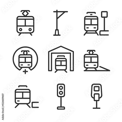 Light Rail Icons. Outline icon set of light rail and trams: tram car, overhead wire, tram stop, turntable, depot, low-floor ramp,