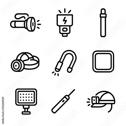 Light Technique Icons. Outline icon set of light and illumination techniques: underwater torch, strobe flash, lightstick, headlamp