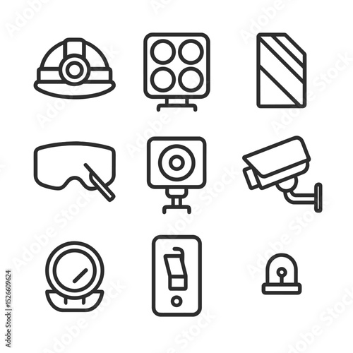 Lighting Icon Set. Outline icon set of lighting and visibility: helmet lamp, floodlight array, reflective tape, visor wiper, light