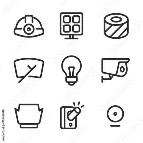 Lighting Icon Set. Outline icon set of lighting and visibility: helmet lamp, floodlight array, reflective tape, visor wiper, light