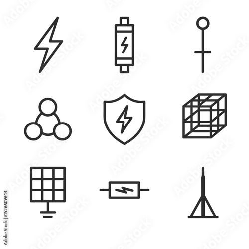 Lightning Protection Icons. Outline icon set of lightning and surge protection: lightning bolt, surge arrester, grounding rod,