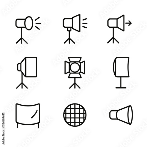 Lighting Techniques Icons. Outline icon set of chroma key lighting techniques: key light, fill light, back light, softbox, barn