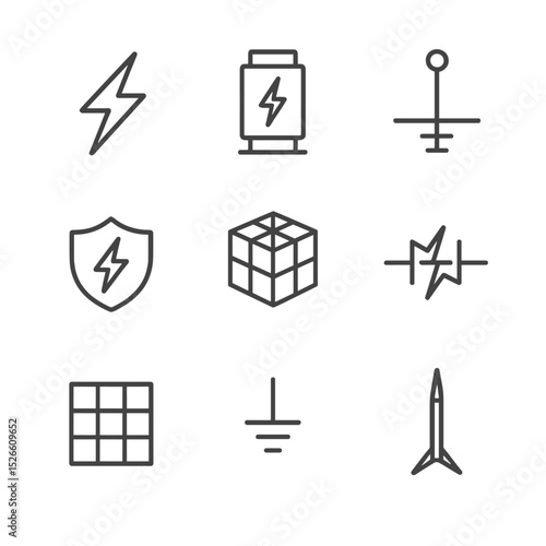 Lightning Protection Icons. Outline icon set of lightning and surge protection: lightning bolt, surge arrester, grounding rod,