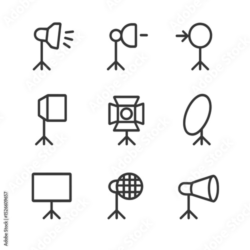 Lighting Techniques Icons. Outline icon set of chroma key lighting techniques: key light, fill light, back light, softbox, barn