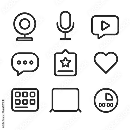 Livestream Icon Set. Outline icon set of livestream performance: webcam circle, mic stand, play button, chat overlay, subscriber