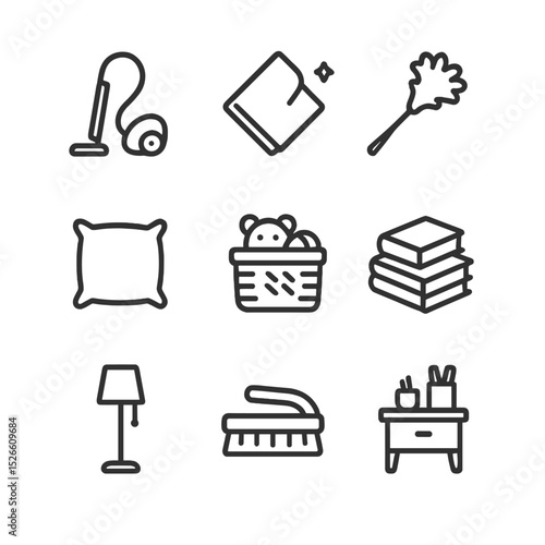 Living Room Tidy Icons. Outline icon set of living room tidying scene: vacuum cleaner, dust cloth, duster feather, cushion plump,