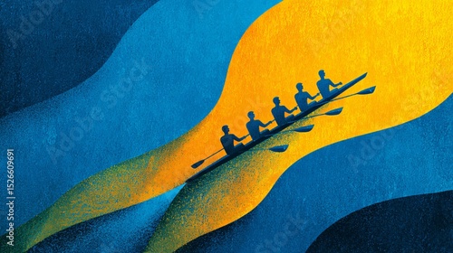 A team of rowers works together in a on the water, propelled forward by teamwork and collaboration in a graphic illustration symbolizing success.