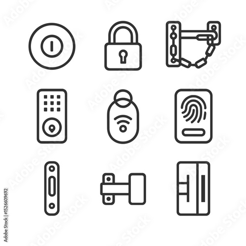 Lock Icon Set. Outline icon set of entry protection and locks: deadbolt lock, padlock, chain guard, smart lock, key fob,