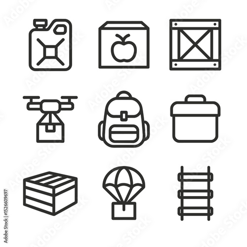 Logistics Icon Set. Outline icon set of logistics and supplies: water container, food rations, supply crate, drone drop, backpack,