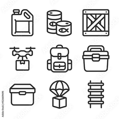 Logistics Icon Set. Outline icon set of logistics and supplies: water container, food rations, supply crate, drone drop, backpack,