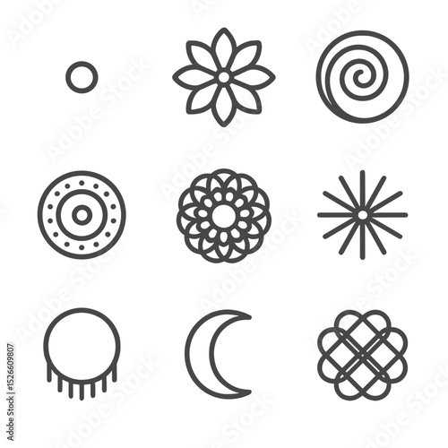 Mandala Icon Set. Outline icon set of mandala circle motifs: central dot, petal layer, geometric spiral, dotwork ring, lace