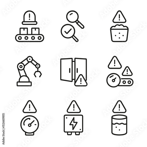 Manufacturing Alert Icons. Outline icon set of manufacturing process alert lights: assembly line stop, quality check fail,
