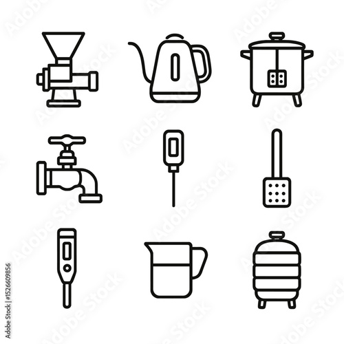 Mash Preparation Icons. Outline icon set of mash preparation: grain mill, water kettle, mash tun, steam valve, thermometer probe,