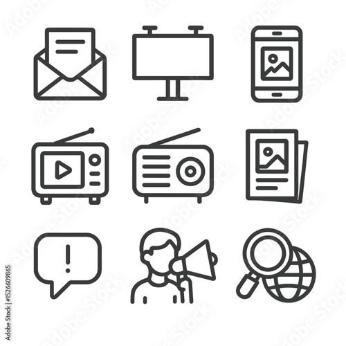 Mass Marketing Icons. Outline icon set of mass marketing channels: email newsletter, billboard ad, social media post, TV