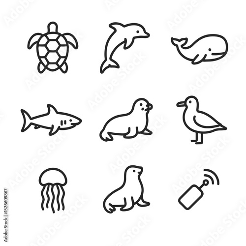 Marine Wildlife Icons. Outline icon set of marine wildlife protection: sea turtle, dolphin, whale, shark, seal, sea bird,