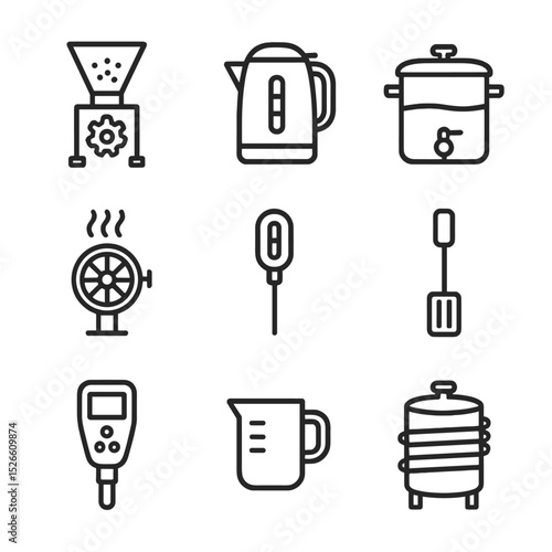 Mash Preparation Icons. Outline icon set of mash preparation: grain mill, water kettle, mash tun, steam valve, thermometer probe,