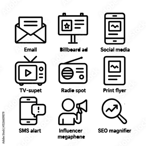 Mass Marketing Icons. Outline icon set of mass marketing channels: email newsletter, billboard ad, social media post, TV