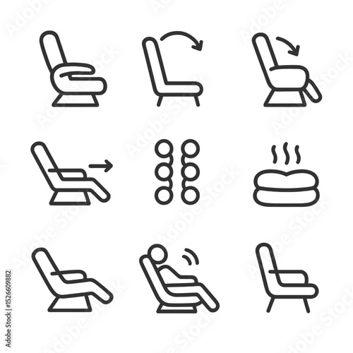 Massage Chair Icons. Outline icon set of adjustable massage chair: chair, adjustable, backrest, footrest, massage rollers, comfort