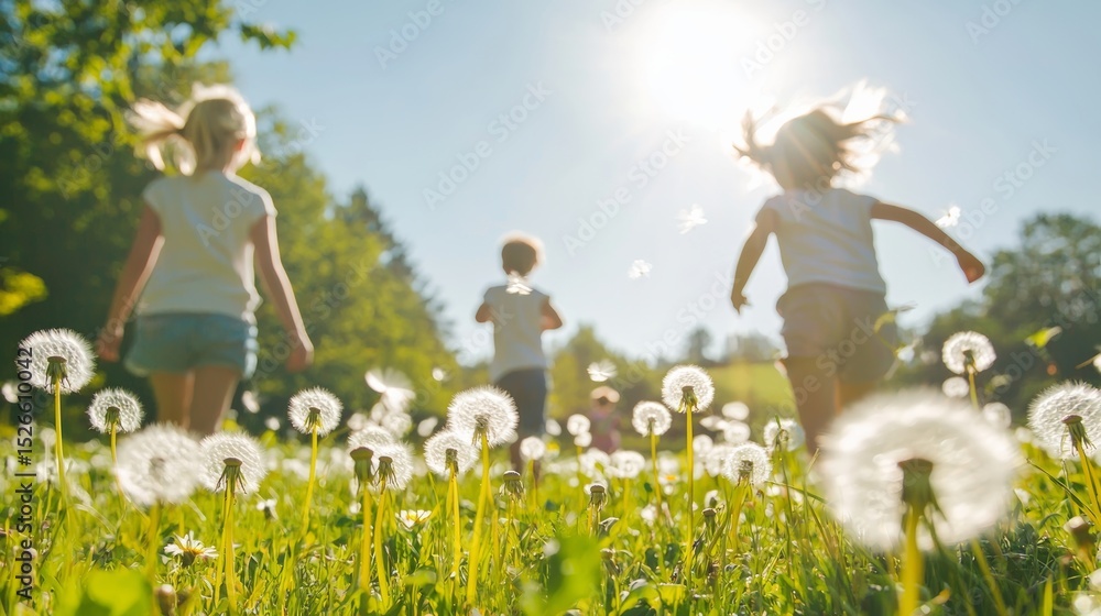 Fototapeta premium Happy Children Running Through Dandelion Field on Sunny Day