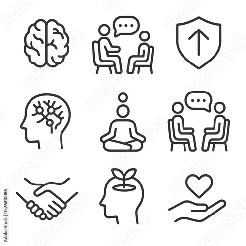 Mental Health Icons. Outline icon set of mental health and addiction recovery: brain, therapy, recovery, neurons, mindfulness,