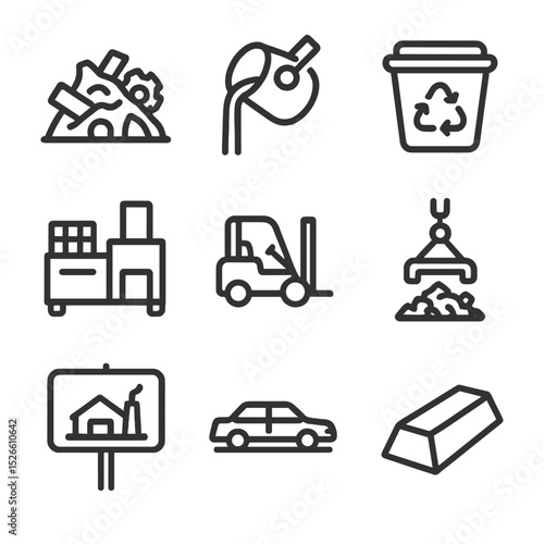 Metal Recycling Icons. Outline icon set of metal recycling: scrap pile, melting pot, recycling bin, baler, forklift, magnet