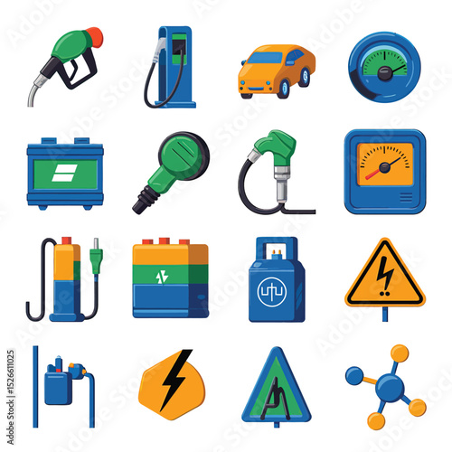 vector icons to vehicle fueling and charging a gasoline pump, an electric vehicle plug hydrogen mole