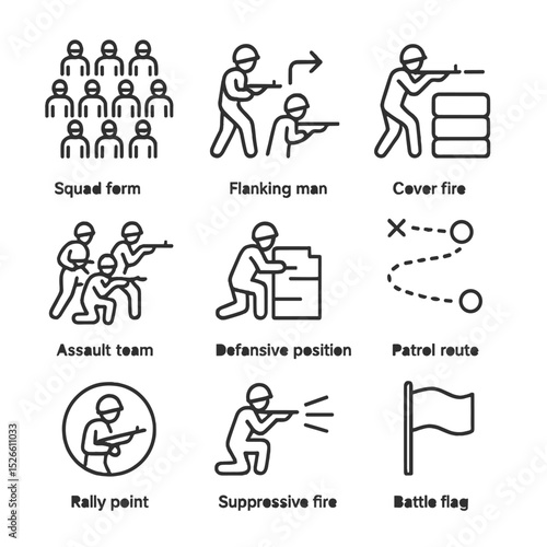 Military Tactics Icons. Outline icon set of infantry tactics: squad formation, flanking maneuver, cover fire, assault team,