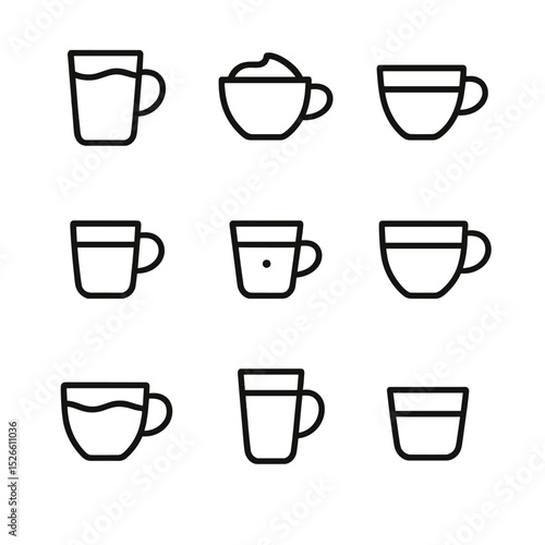 Milk Drink Icons. Outline icon set of milk-based drinks: latte, cappuccino, flat white, cortado, macchiato, café au lait, breve,
