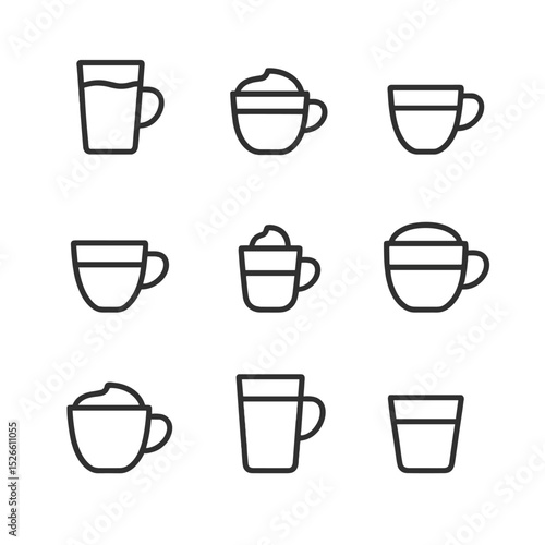 Milk Drink Icons. Outline icon set of milk-based drinks: latte, cappuccino, flat white, cortado, macchiato, café au lait, breve,