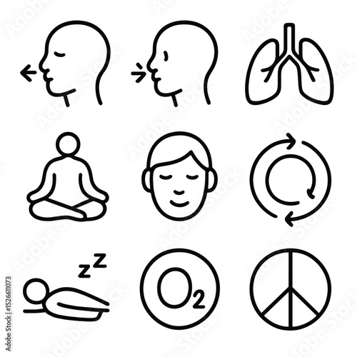 Mindful Breathing Icons. Outline icon set of mindful breathing: inhale, exhale, lungs, meditation, calm, breath cycle, relaxation,