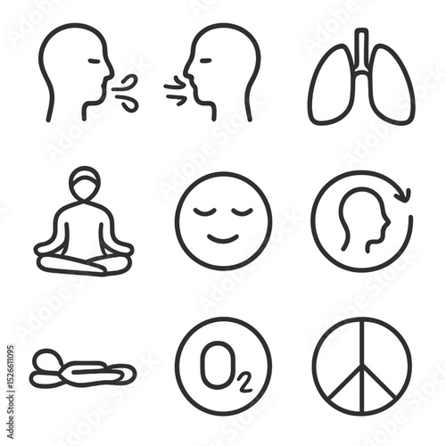 Mindful Breathing Icons. Outline icon set of mindful breathing: inhale, exhale, lungs, meditation, calm, breath cycle, relaxation,