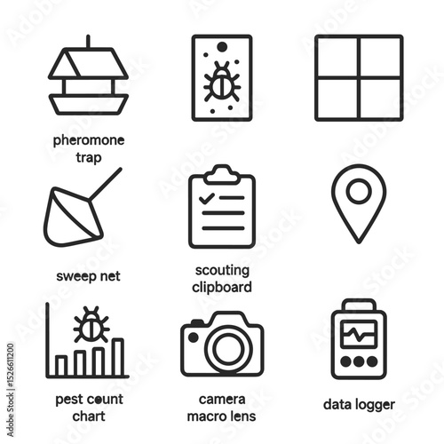 Monitoring Tools Icons. Outline icon set of monitoring and scouting techniques: pheromone trap, colored sticky card, sample