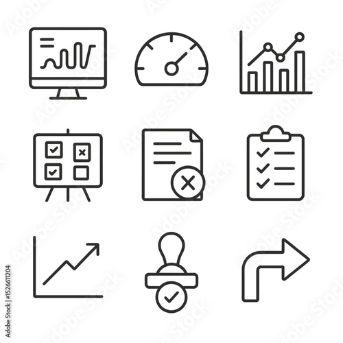 Monitoring Icon Set. Outline icon set of monitoring and controlling: dashboard screen, KPI gauge, variance chart, change control