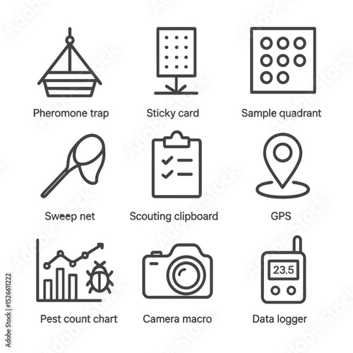 Monitoring Tools Icons. Outline icon set of monitoring and scouting techniques: pheromone trap, colored sticky card, sample