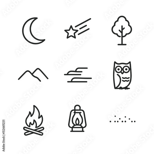 Moonlit Night Icons. Outline icon set of moonlit night sky elements: crescent moon, shooting star, silhouette tree, mountain ridge