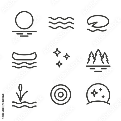 Moonlit Lake Icon Set. Outline icon set of moonlight reflection on lake surface: full moon, rippling water, lily pad, canoe