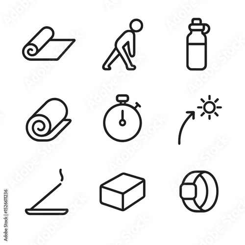 Morning Yoga Icon Set. Outline icon set of morning yoga stretch: yoga mat, stretch pose silhouette, water bottle, towel roll,