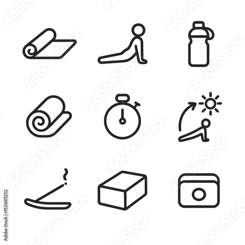 Morning Yoga Icon Set. Outline icon set of morning yoga stretch: yoga mat, stretch pose silhouette, water bottle, towel roll,